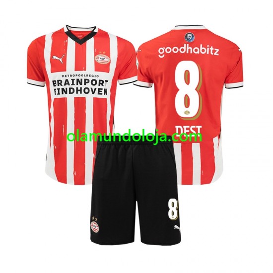 Camisola PSV Eindhoven Sergino Dest 8 Criança Equipamento Primeiro 2024-2025 Manga Curta